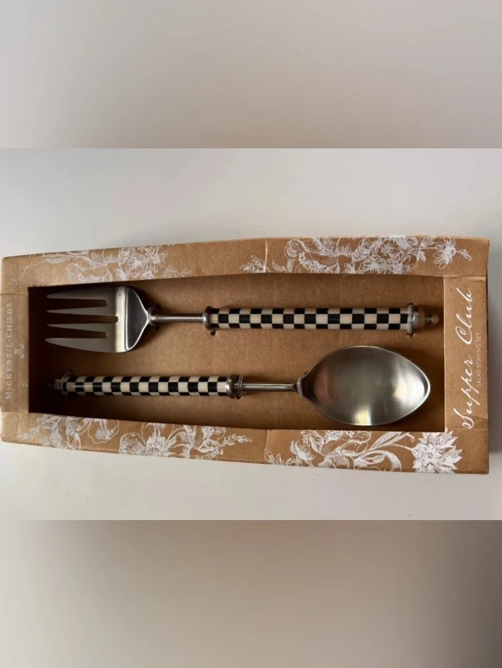 Mackenzie-Childs Black & White Checkered Serving Spoon and Fork Set